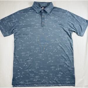 FJ Footjoy Mens Medium Golf Polo Shirt Palm Tree Print Performance Blue Preppy